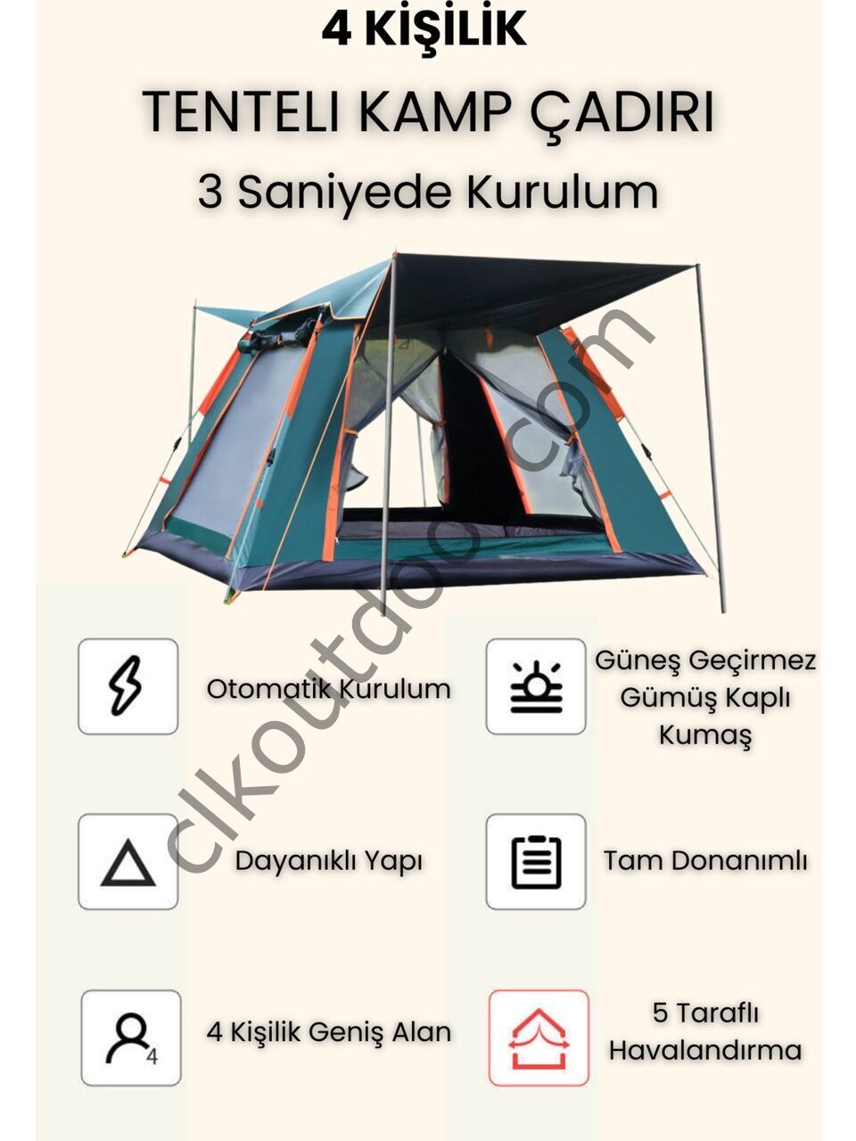 4 Kişilik Otomatik Kamp Çadırı 240x240x160 cm Otomatik Kurulum