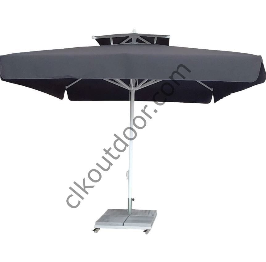 CLK 3,5x3,5 Metre Bacalı Mega Q60 Şemsiye Bahçe Cafe Havuz Otel Restorant Şemsiyeleri Siyah - Metal Hareketli Ayak 4 Mermerli (70x70cm 120 kg)