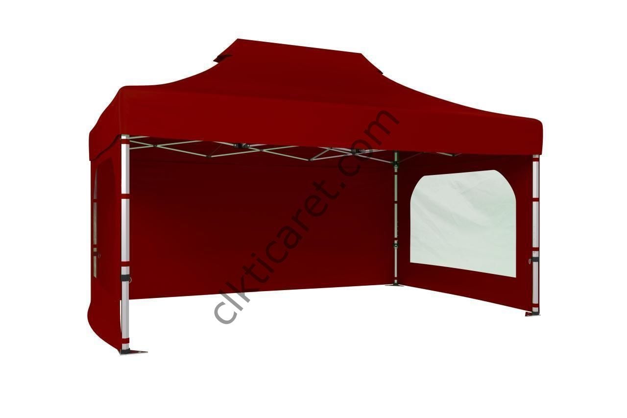 CLK 3x4,5 Katlanabilir Tente Gazebo Portatif Çadır 30 mm 3 Yan Duvarlı 2 Pencereli Bordo