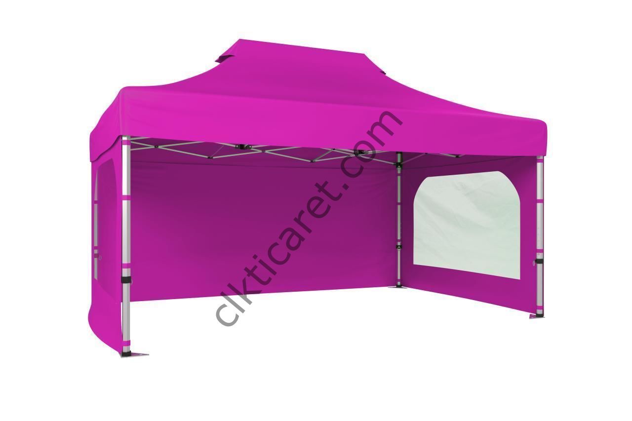 CLK 3x4,5 Katlanabilir Tente Gazebo Portatif Çadır 30 mm 3 Yan Duvarlı 2 Pencereli Pembe