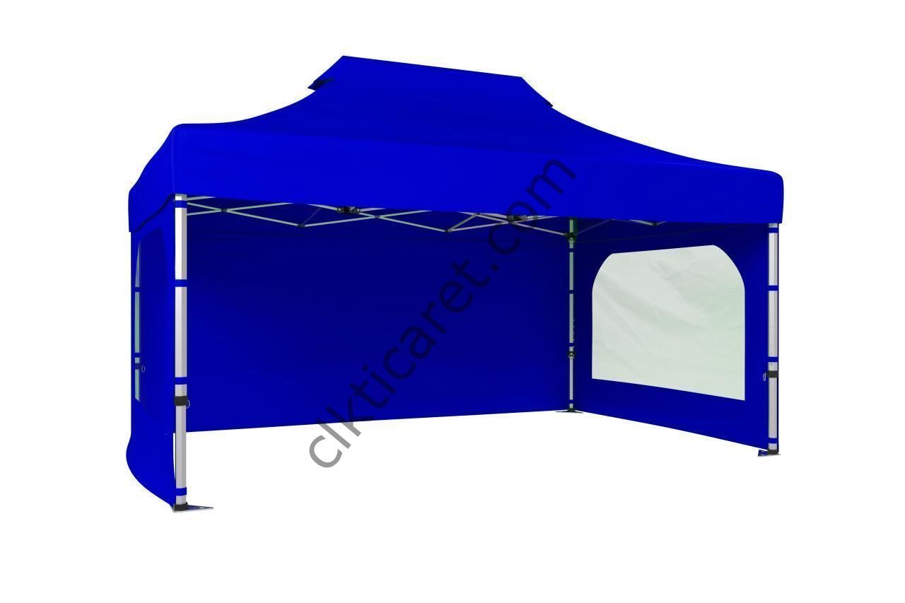 CLK 3x4,5 Katlanabilir Tente Gazebo Portatif Çadır 30 mm 3 Yan Duvarlı 2 Pencereli Saks Mavi