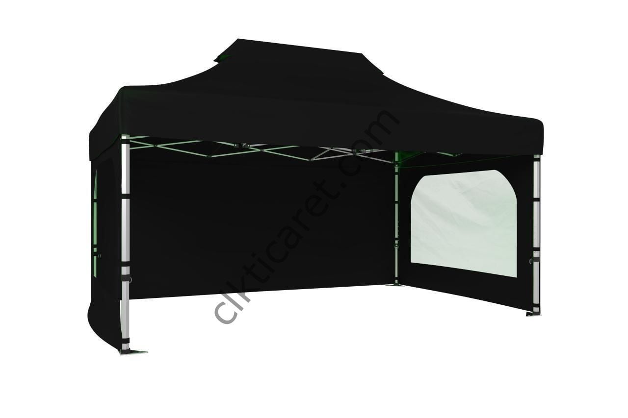CLK 3x4,5 Katlanabilir Tente Gazebo Portatif Çadır 30 mm 3 Yan Duvarlı 2 Pencereli Siyah