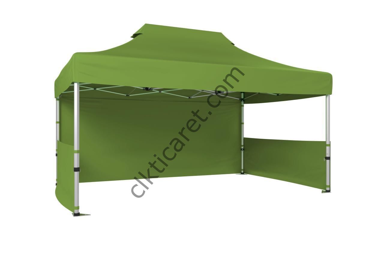 CLK 3x4,5 Katlanabilir Tente Gazebo Portatif Çadır 30 mm 1 Tam Duvar 2 Yarım Duvar Haki Askeri Yeşil