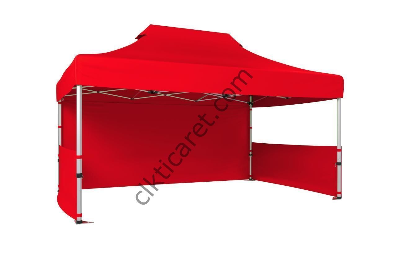 CLK 3x4,5 Katlanabilir Tente Gazebo Portatif Çadır 30 mm 1 Tam Duvar 2 Yarım Duvar Kırmızı