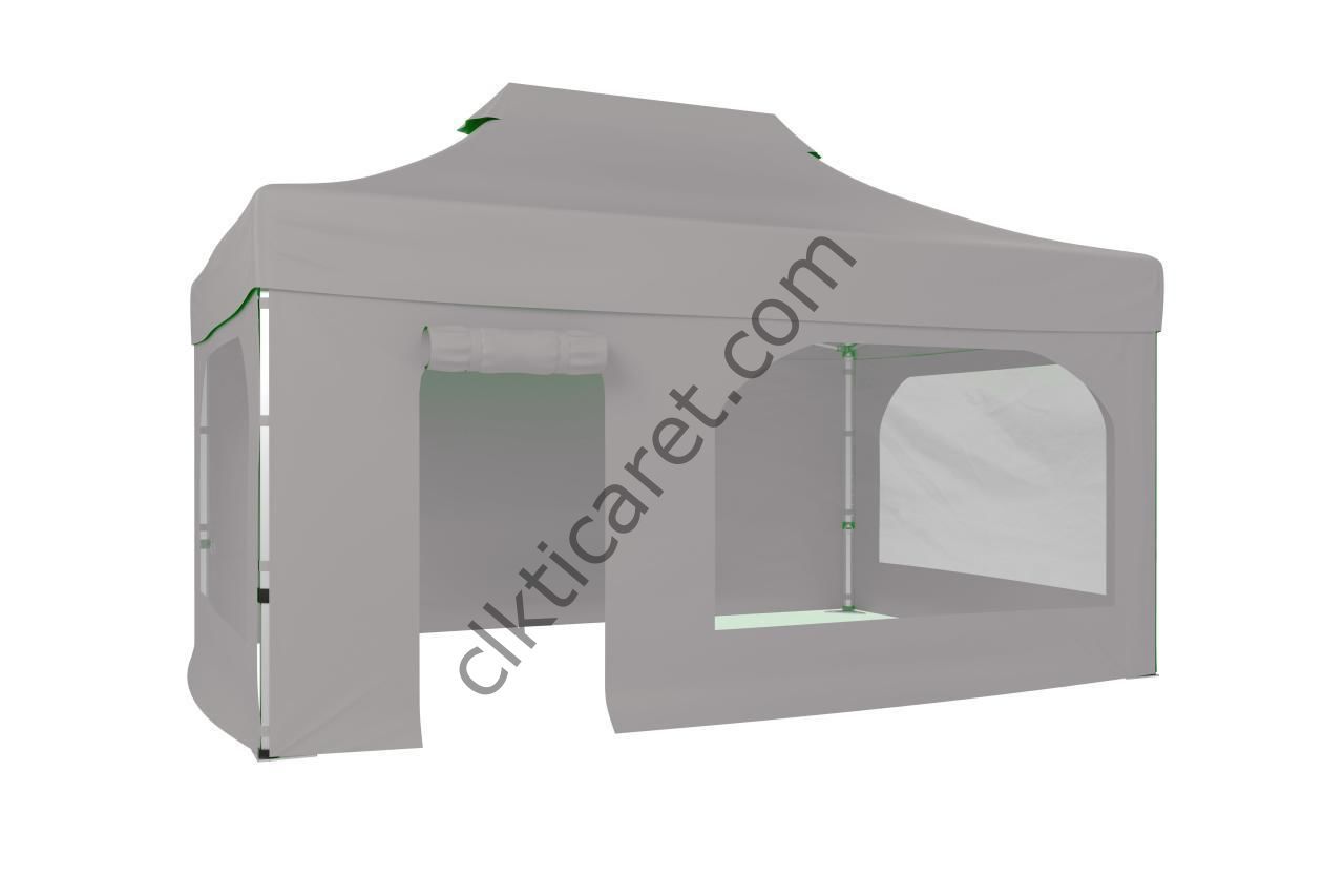 CLK 3x4,5 Katlanabilir Tente Gazebo Portatif Çadır 30 mm 2 Yan Pencereli 1 Yan Aksesuarsız 1 Yan Kapı ve Pencereli Açık Gri