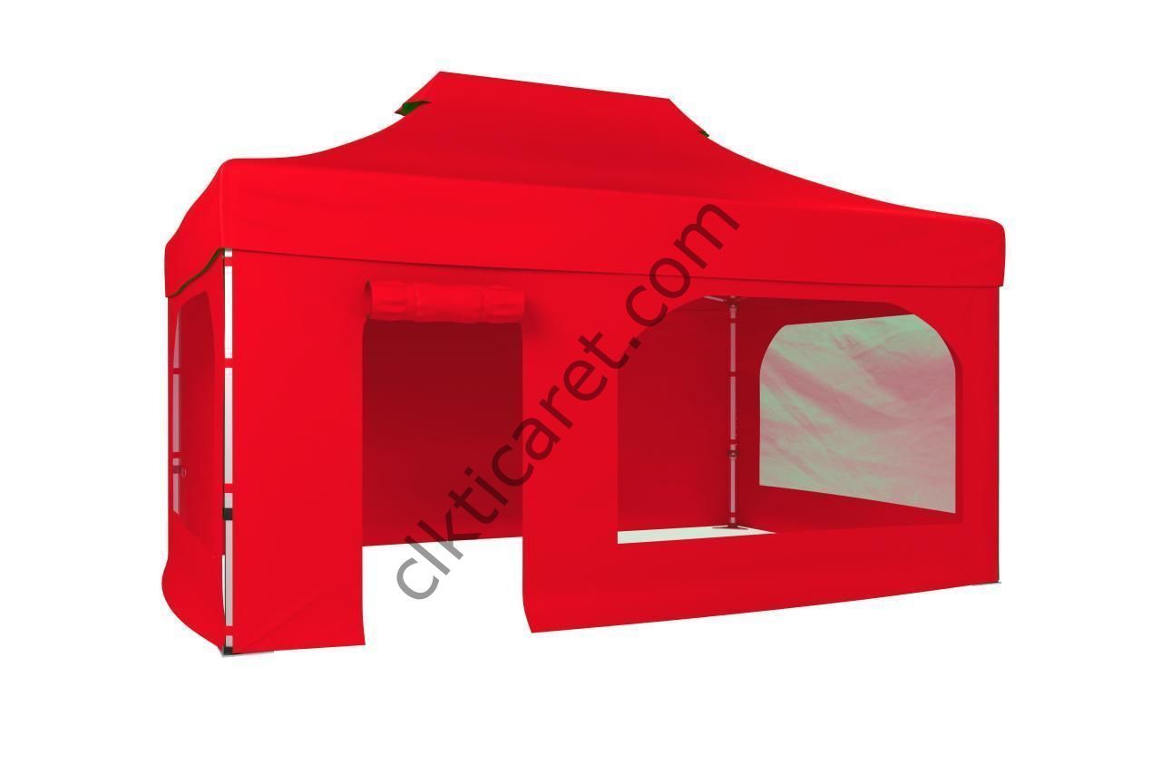CLK 3x4,5 Katlanabilir Tente Gazebo Portatif Çadır 30 mm 2 Yan Pencereli 1 Yan Aksesuarsız 1 Yan Kapı ve Pencereli Kırmızı