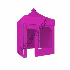 CLK 2,5x2,5 52mm Kalın Alüminyum Katlanabilir Tente Gazebo Çadır 3 Yan Kapalı 1 Yan Kapı ve Pencereli Pembe
