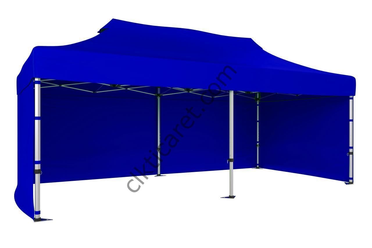 CLK 3x6 Katlanabilir Tente Gazebo Portatif Çadır 30 mm 3 Yan Kapalı Saks Mavi