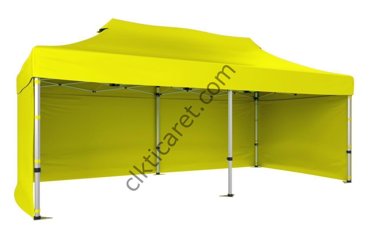 CLK 3x6 Katlanabilir Tente Gazebo Portatif Çadır 30 mm 3 Yan Kapalı Sarı