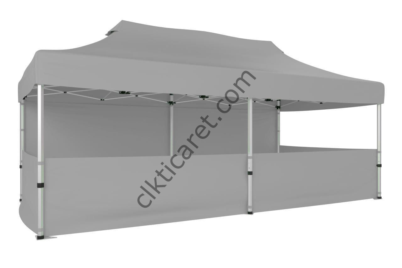 CLK 3x6 Katlanabilir Tente Gazebo Portatif Çadır 30 mm 1 Tam Duvar 3 Yarım Duvar Açık Gri