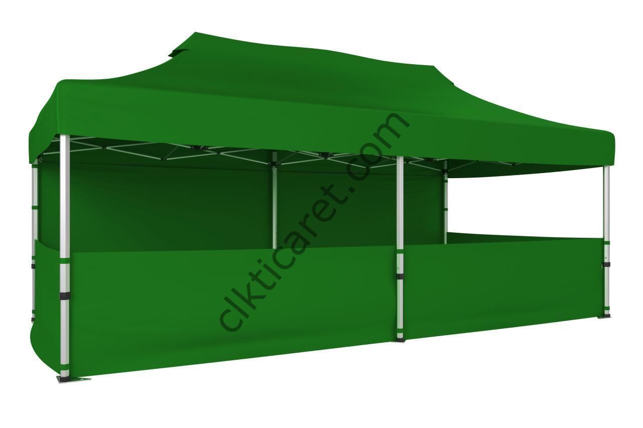 CLK 3x6 Katlanabilir Tente Gazebo Portatif Çadır 30 mm 1 Tam Duvar 3 Yarım Duvar Benetton Yeşil