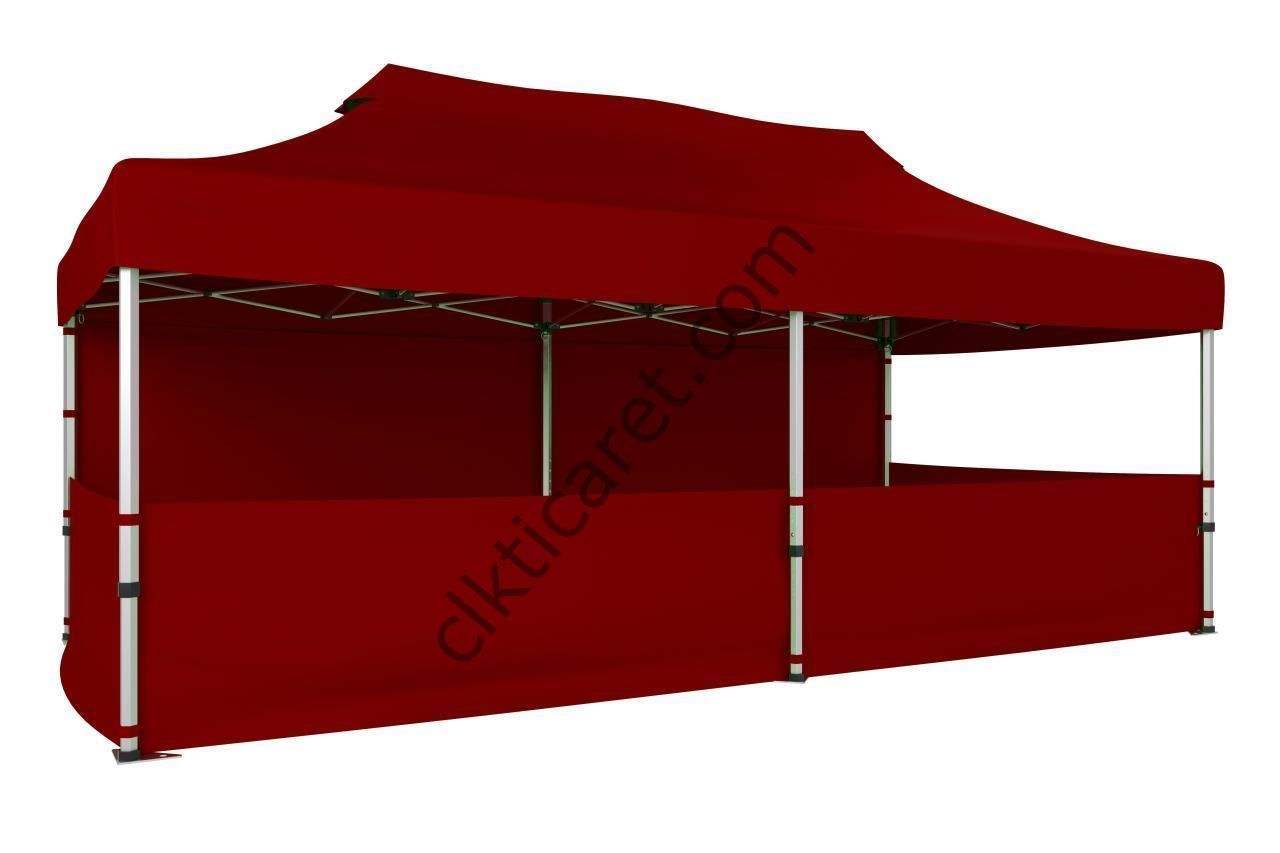 CLK 3x6 Katlanabilir Tente Gazebo Portatif Çadır 30 mm 1 Tam Duvar 3 Yarım Duvar Bordo