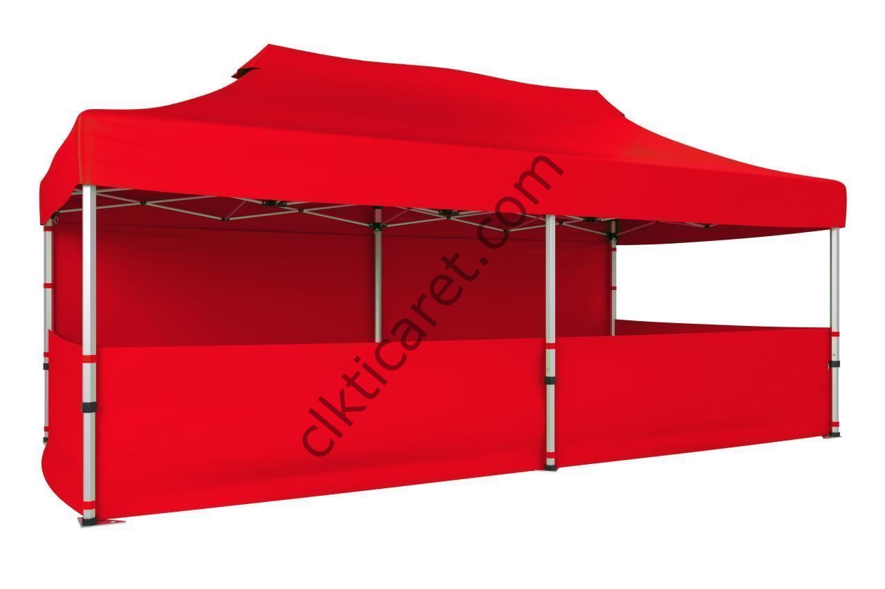 CLK 3x6 Katlanabilir Tente Gazebo Portatif Çadır 30 mm 1 Tam Duvar 3 Yarım Duvar Kırmızı