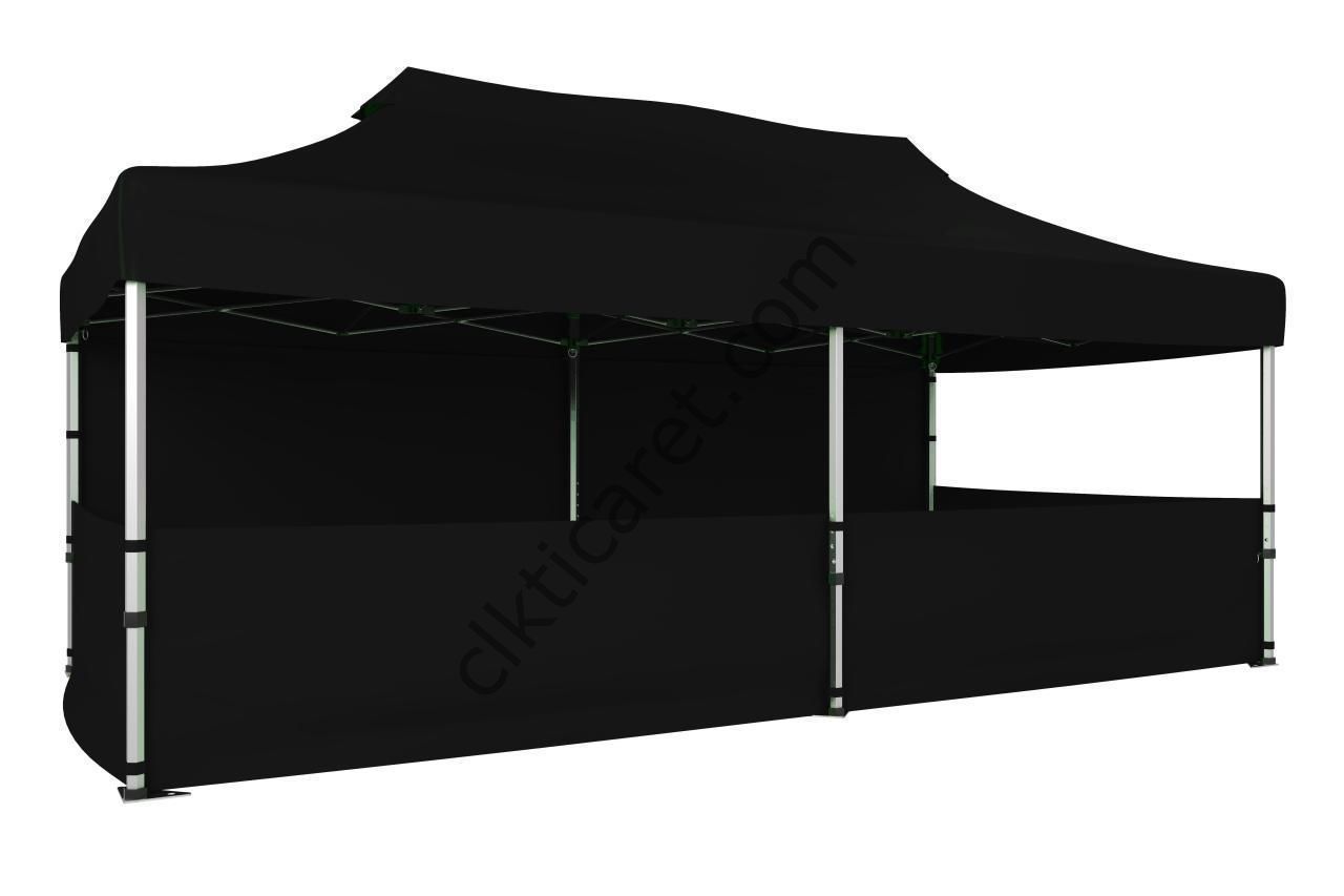 CLK 3x6 Katlanabilir Tente Gazebo Portatif Çadır 30 mm 1 Tam Duvar 3 Yarım Duvar Siyah