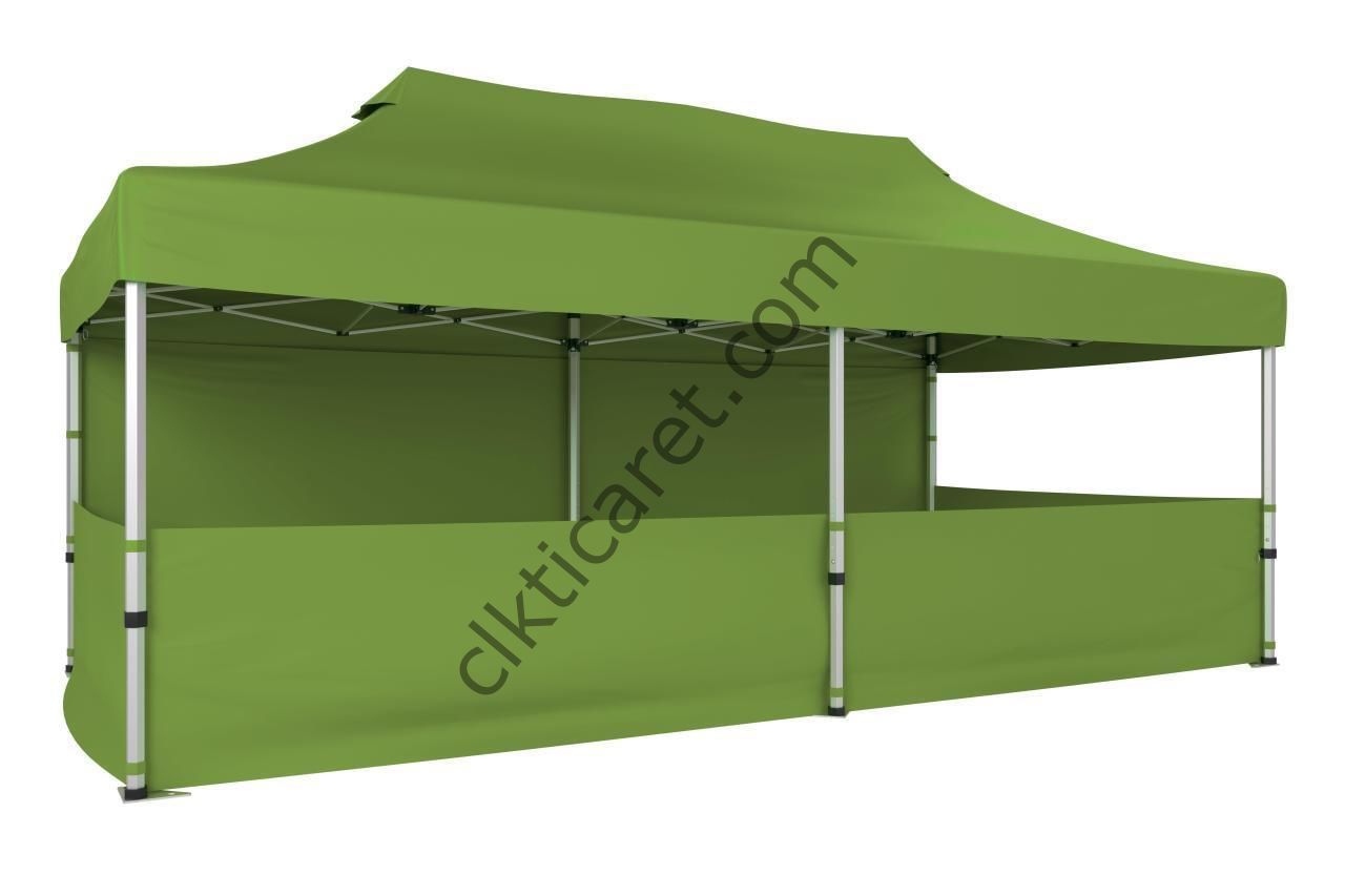 CLK 3x6 Katlanabilir Tente Gazebo Portatif Çadır 30 mm 1 Tam Duvar 3 Yarım Duvar Haki Askeri Yeşil
