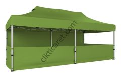 CLK 3x6 Katlanabilir Tente Gazebo Portatif Çadır 30 mm 1 Tam Duvar 3 Yarım Duvar Haki Askeri Yeşil