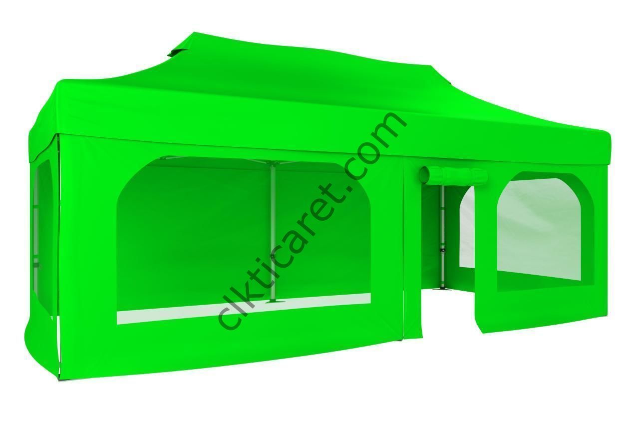 CLK 3x6 Katlanabilir Tente Gazebo Portatif Çadır 30 mm 2 Yan Pencereli 1 Yan Aksesuarsız 1 Yan Kapı ve Pencereli Açık Yeşil