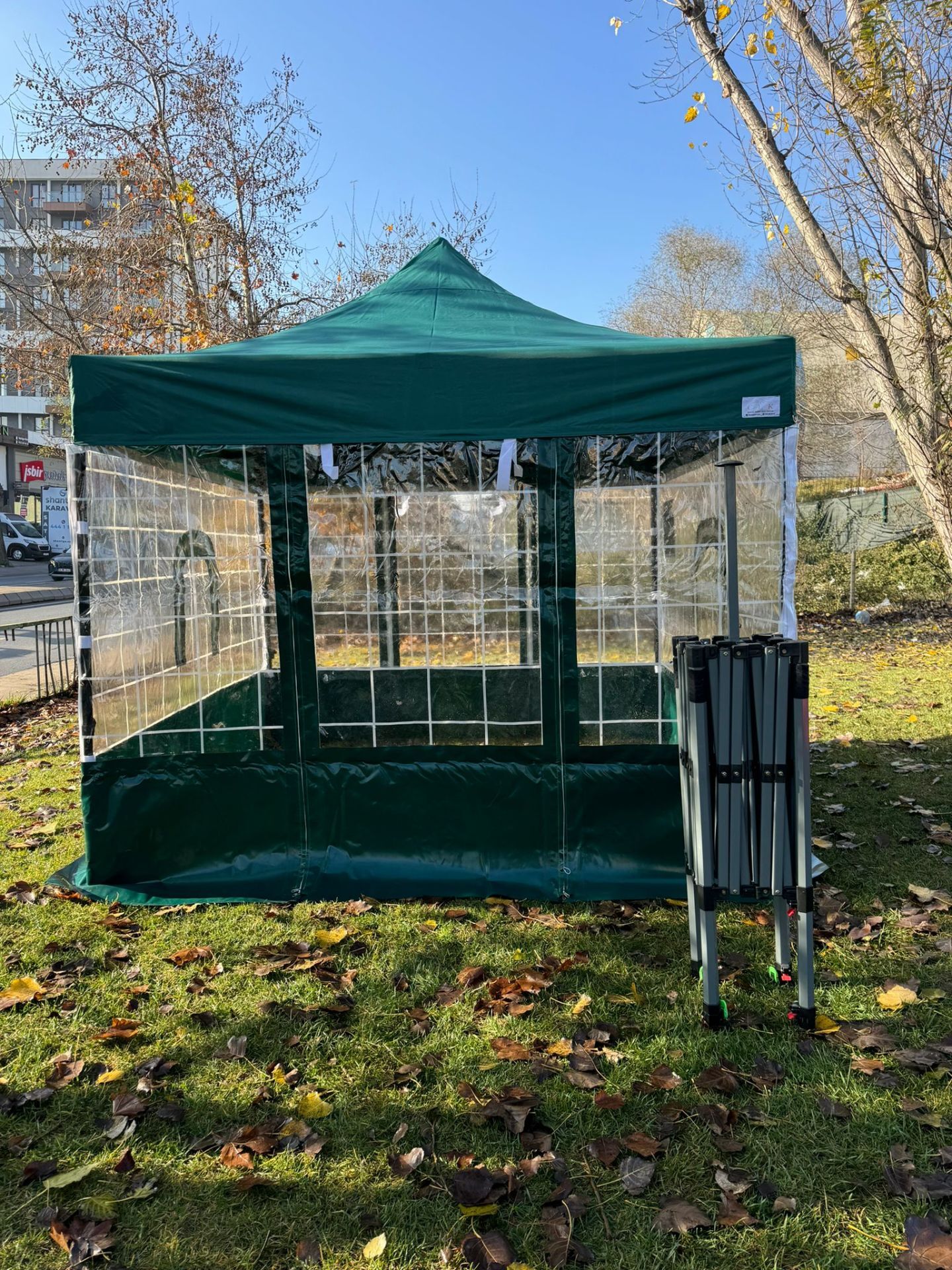 CLK 3x3 30 mm Profil Kış Bahçesi Karavan Çadırı Şeffaf Brandalı Gazebo Katlanır Çadır Portatif Tente Benetton Yeşil