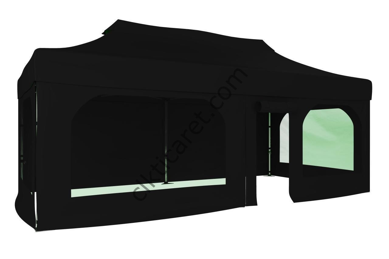 CLK 3x6 Katlanabilir Tente Gazebo Portatif Çadır 30 mm 2 Yan Pencereli 1 Yan Aksesuarsız 1 Yan Kapı ve Pencereli Siyah