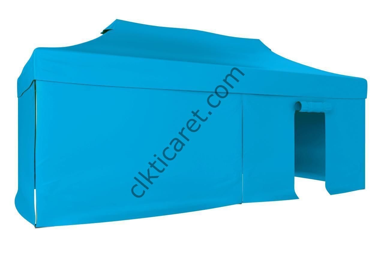 CLK 3x6 Katlanabilir Tente Gazebo Portatif Çadır 30 mm 3 Yan Kapalı 1 Kapılı Açık Mavi (Turkuaz)