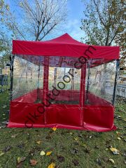CLK 3x3 40 mm Profil Kış Bahçesi Karavan Çadırı Şeffaf Brandalı Gazebo Katlanır Çadır Portatif Tente Kırmızı