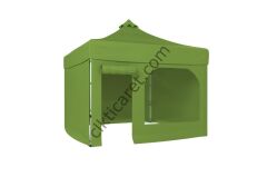 CLK 3x3 40mm Alüminyum Katlanabilir Tente Gazebo Çadır 4 Yan Kapalı 1 Kapılı Pencereli Tam Duvarlı Haki Askeri Yeşil