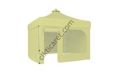 CLK 3x3 40mm Alüminyum Katlanabilir Tente Gazebo Çadır 4 Yan Kapalı 1 Kapılı Pencereli Tam Duvarlı Krem
