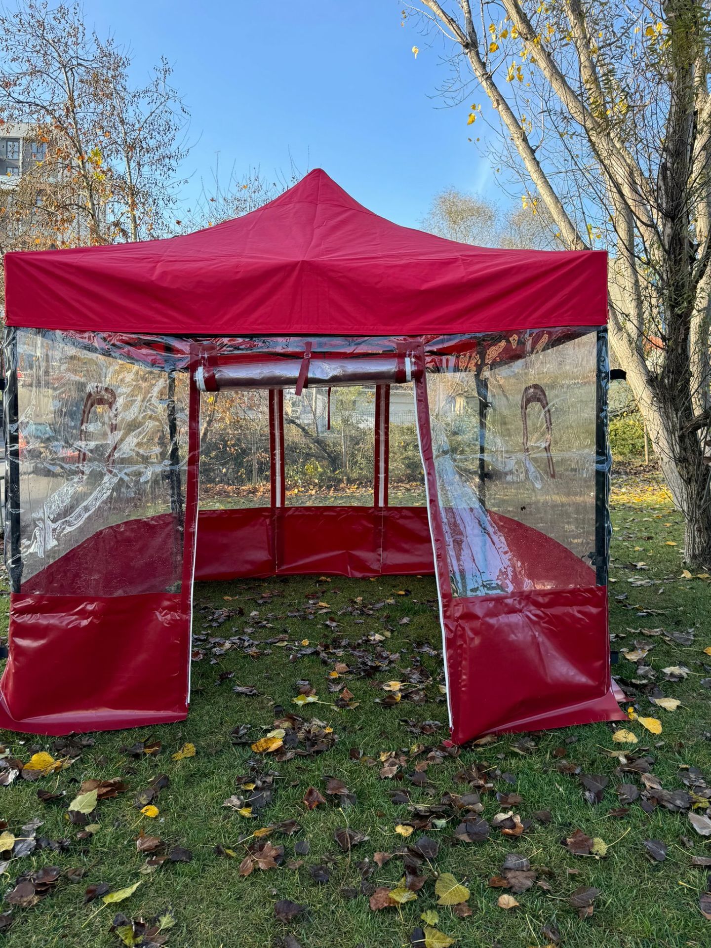 CLK 3x3 40mm Kısa Bagaj Boy 115 cm İskelet Profil Kış Bahçesi Karavan Çadırı Şeffaf Brandalı Gazebo Katlanır Çadır Portatif Tente Bordo