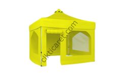 CLK 3x3 40mm Alüminyum Katlanabilir Tente Gazebo Çadır 4 Yan Kapalı 2 Camlı 1 Kapılı Pencereli Tam Duvarlı Sarı