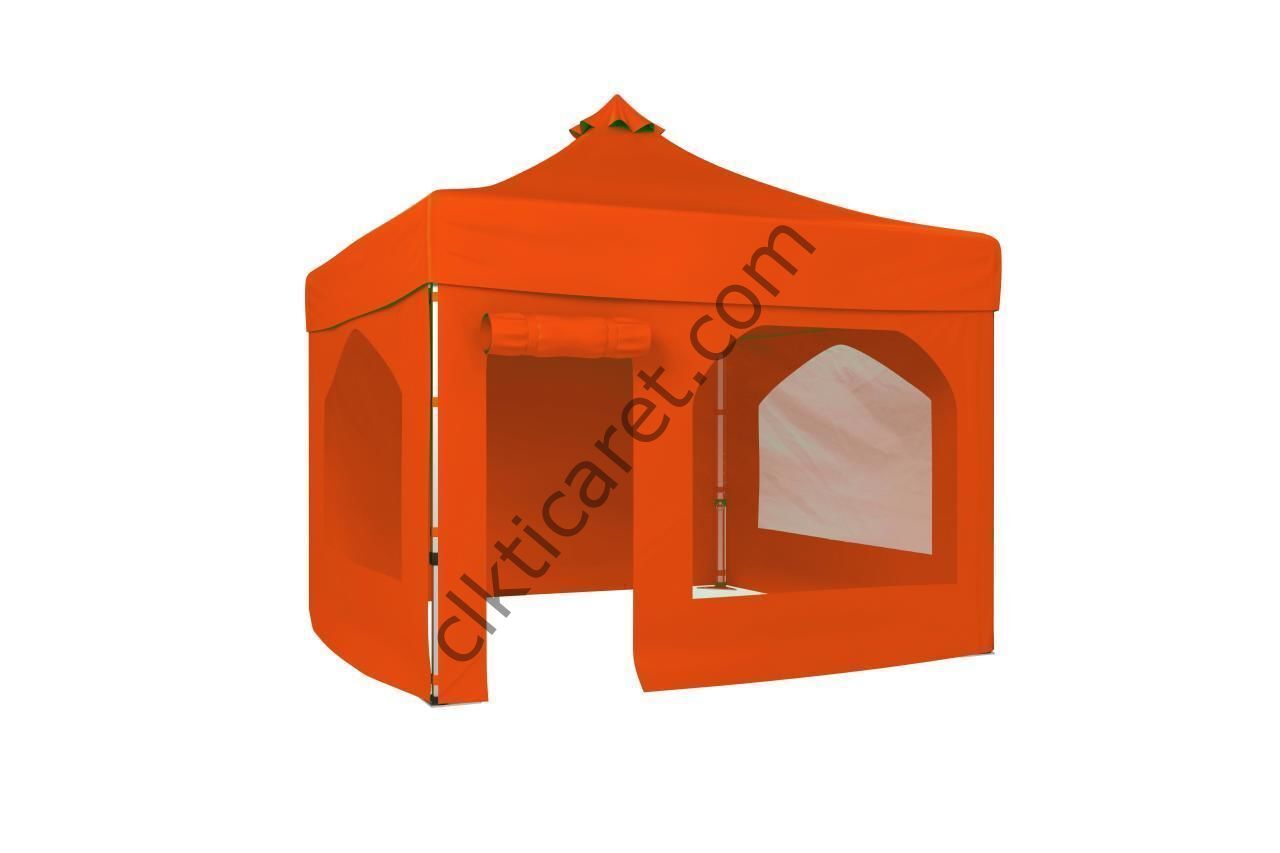 CLK 3x3 40mm Alüminyum Katlanabilir Tente Gazebo Çadır 4 Yan Kapalı 2 Camlı 1 Kapılı Pencereli Tam Duvarlı Turuncu