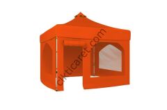 CLK 3x3 40mm Alüminyum Katlanabilir Tente Gazebo Çadır 4 Yan Kapalı 2 Camlı 1 Kapılı Pencereli Tam Duvarlı Turuncu