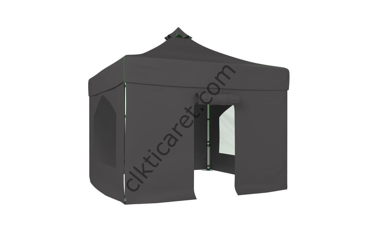 CLK 3x3 40mm Alüminyum Katlanabilir Tente Gazebo Çadır 4 Yan Kapalı 2 Camlı 1Kapılı Tam Duvarlı Gri