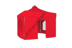 CLK 3x3 40mm Alüminyum Katlanabilir Tente Gazebo Çadır 4 Yan Kapalı 2 Camlı 1Kapılı Tam Duvarlı Kırmızı