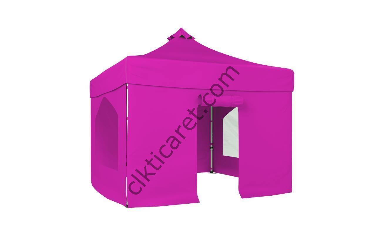 CLK 3x3 40mm Alüminyum Katlanabilir Tente Gazebo Çadır 4 Yan Kapalı 2 Camlı 1Kapılı Tam Duvarlı Pembe