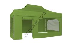 CLK 3x4,5 52mm Kalın Alüminyum Katlanabilir Tente Gazebo Çadır 4 Kenar Kapalı Takım Pencereli Kapılı Haki Askeri Yeşil
