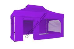 CLK 3x4,5 52mm Kalın Alüminyum Katlanabilir Tente Gazebo Çadır 4 Kenar Kapalı Takım Pencereli Kapılı Lila