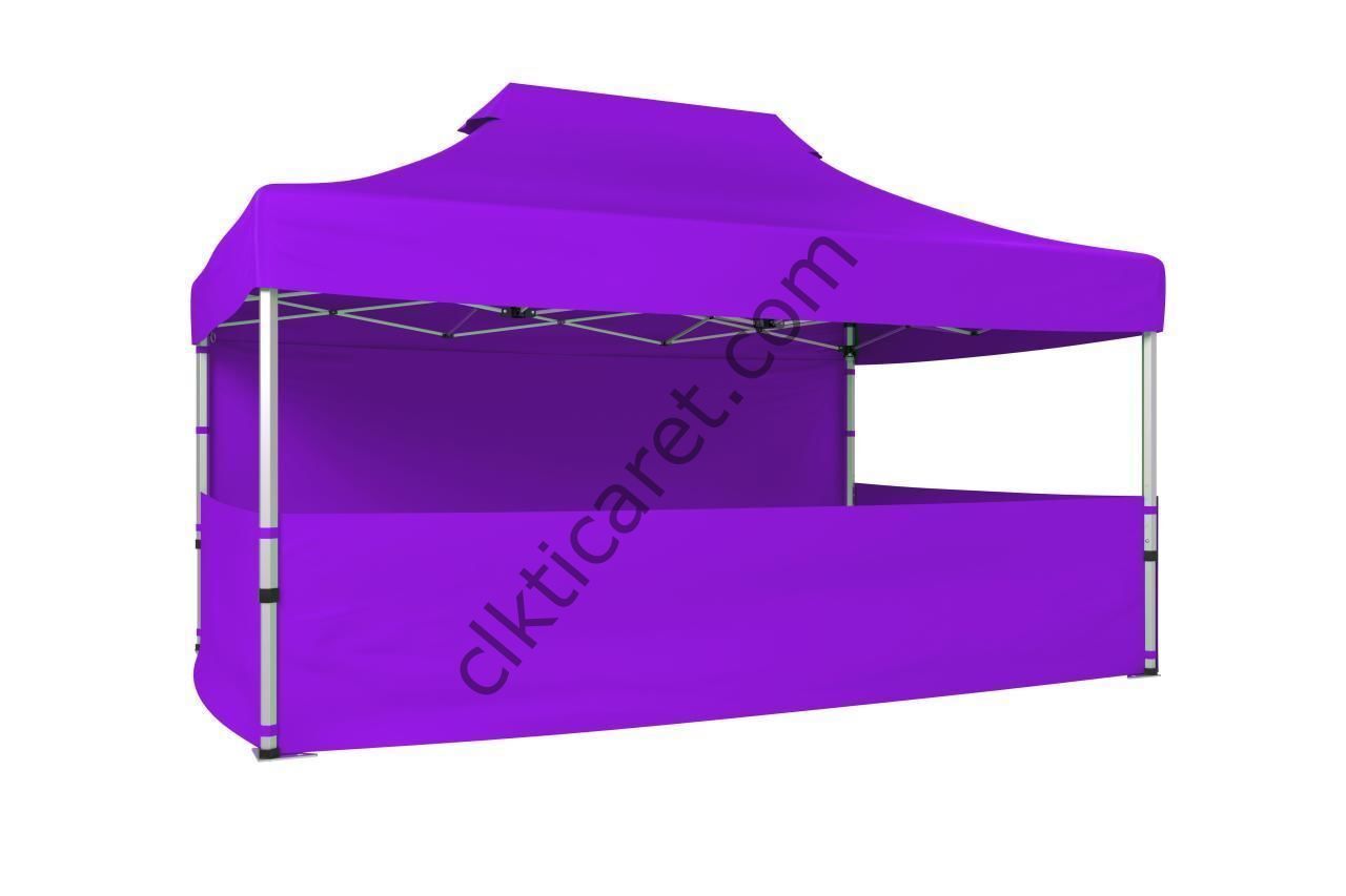 CLK 3x4,5 52mm Kalın Alüminyum Katlanabilir Tente Gazebo Çadır 4 Kenar Kapalı 3 Yarım Duvarlı Lila