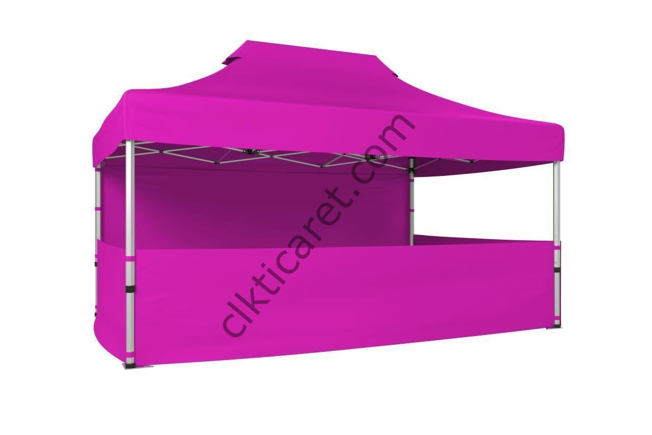 CLK 3x4,5 52mm Kalın Alüminyum Katlanabilir Tente Gazebo Çadır 4 Kenar Kapalı 3 Yarım Duvarlı Pembe
