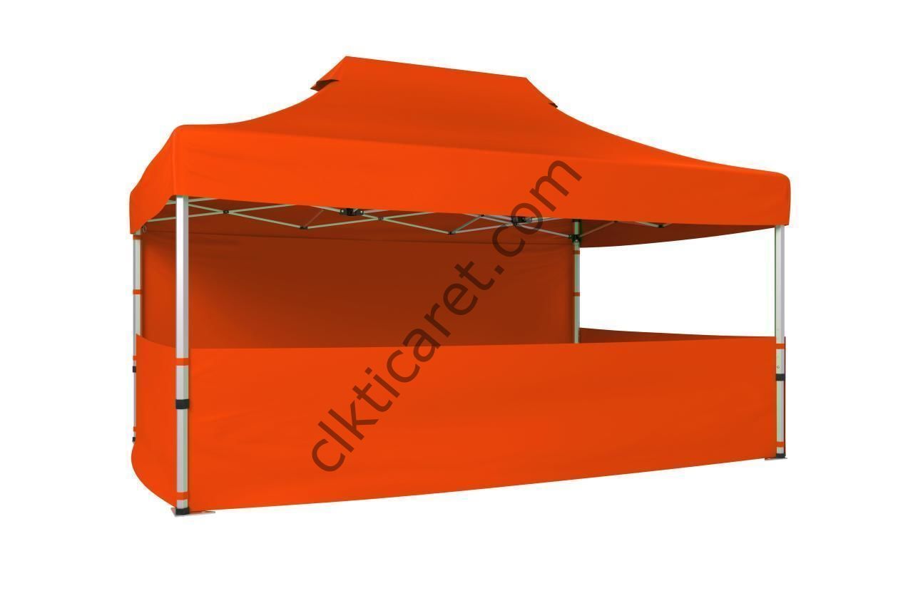 CLK 3x4,5 52mm Kalın Alüminyum Katlanabilir Tente Gazebo Çadır 4 Kenar Kapalı 3 Yarım Duvarlı Turuncu