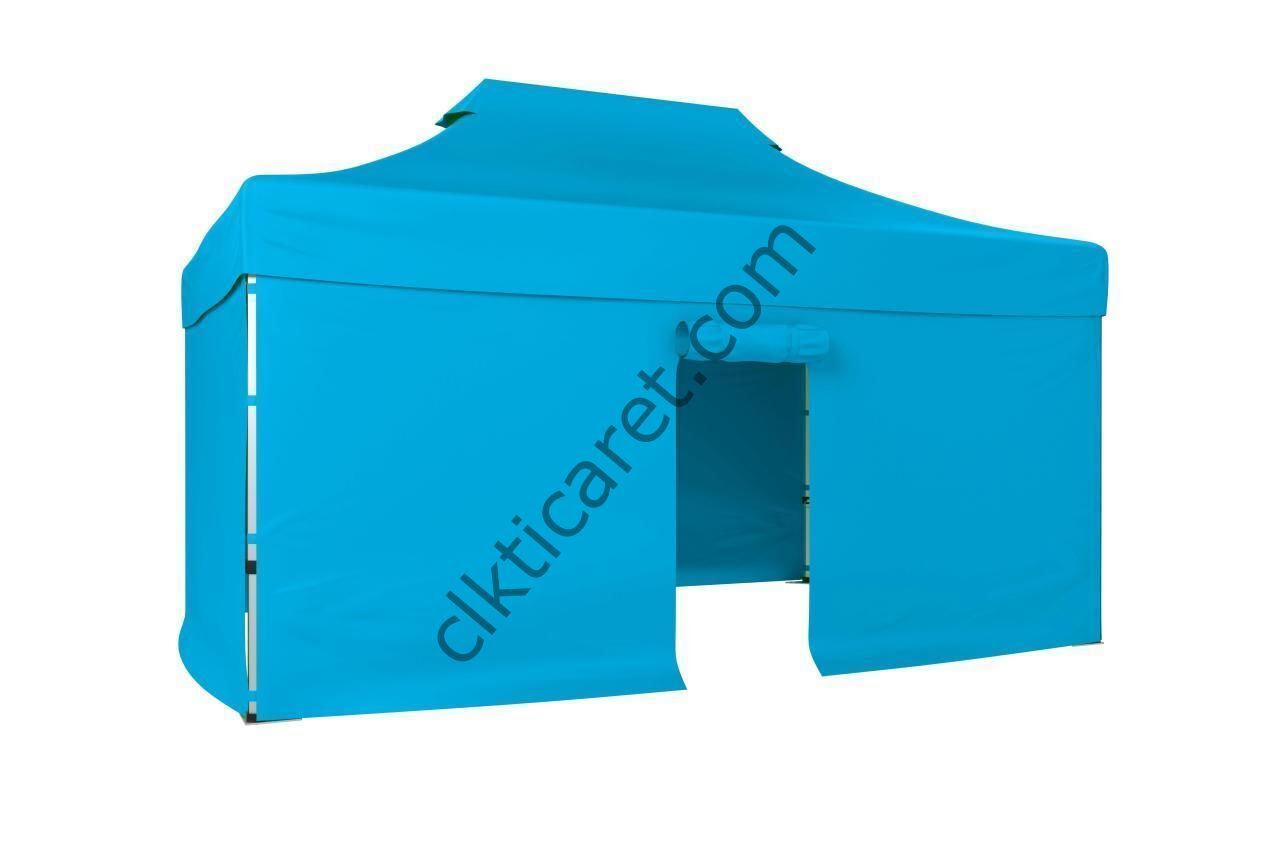CLK 3x4,5 40mm Alüminyum Katlanabilir Tente Gazebo Çadır 4 Kenar Kapalı 1 Kenar Kapılı Açık Mavi (Turkuaz)