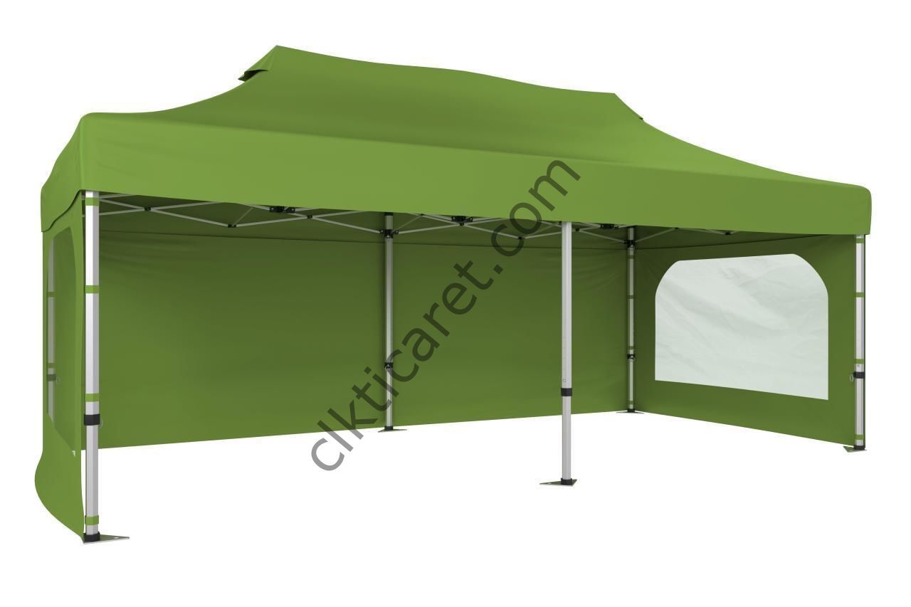 CLK 3x6 40 mm Katlanabilir Tente Gazebo Çadır Gazebo Çadır 3 Yan Duvarlı 2 Pencereli Haki Askeri Yeşil
