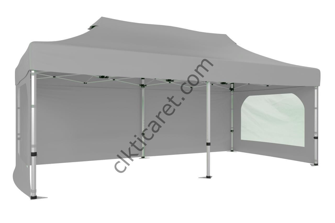 CLK 3x6 40 mm Katlanabilir Tente Gazebo Çadır Gazebo Çadır 3 Yan Duvarlı 2 Pencereli Açık Gri