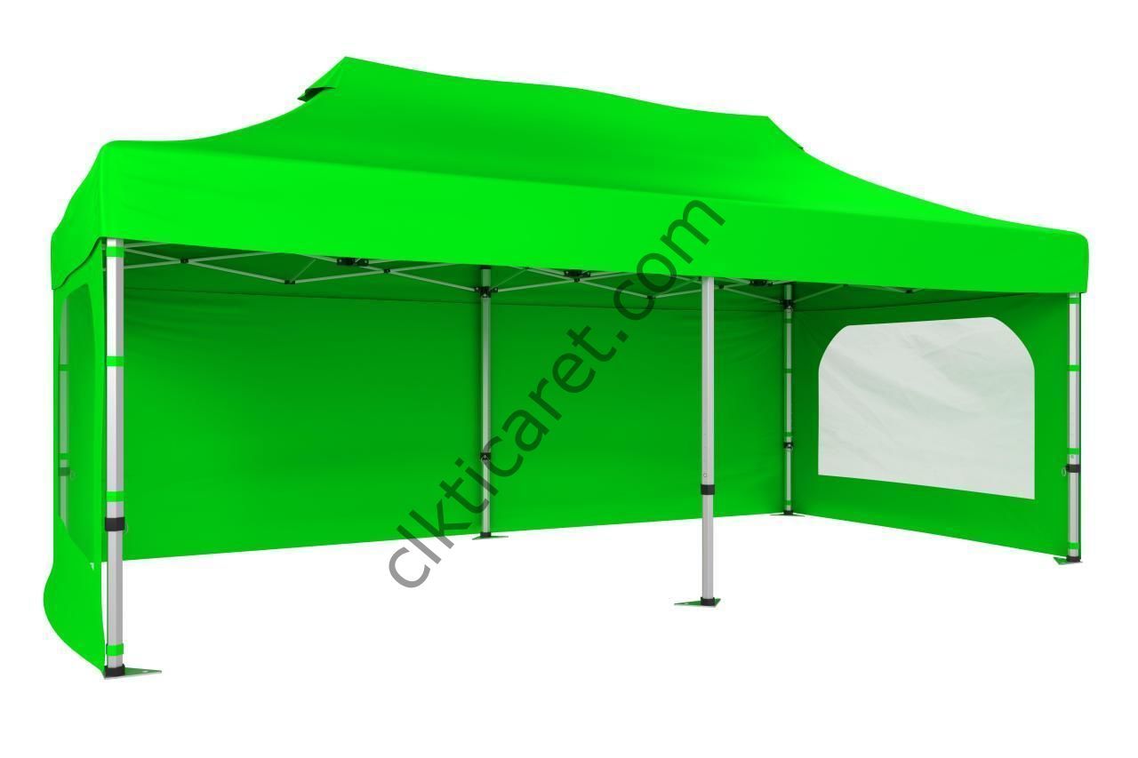 CLK 3x6 40 mm Katlanabilir Tente Gazebo Çadır Gazebo Çadır 3 Yan Duvarlı 2 Pencereli Açık Yeşil