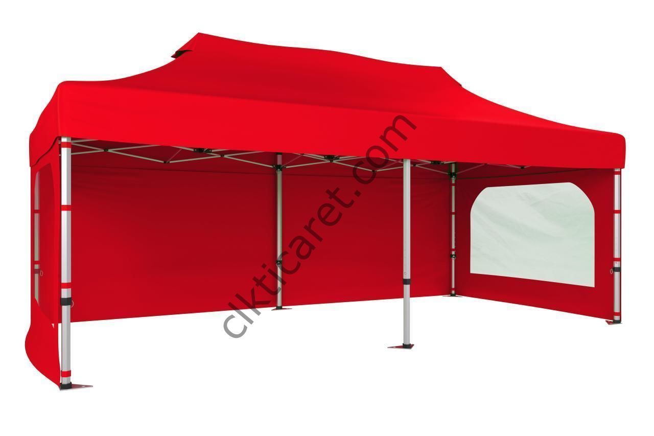 CLK 3x6 40 mm Katlanabilir Tente Gazebo Çadır Gazebo Çadır 3 Yan Duvarlı 2 Pencereli Kırmızı