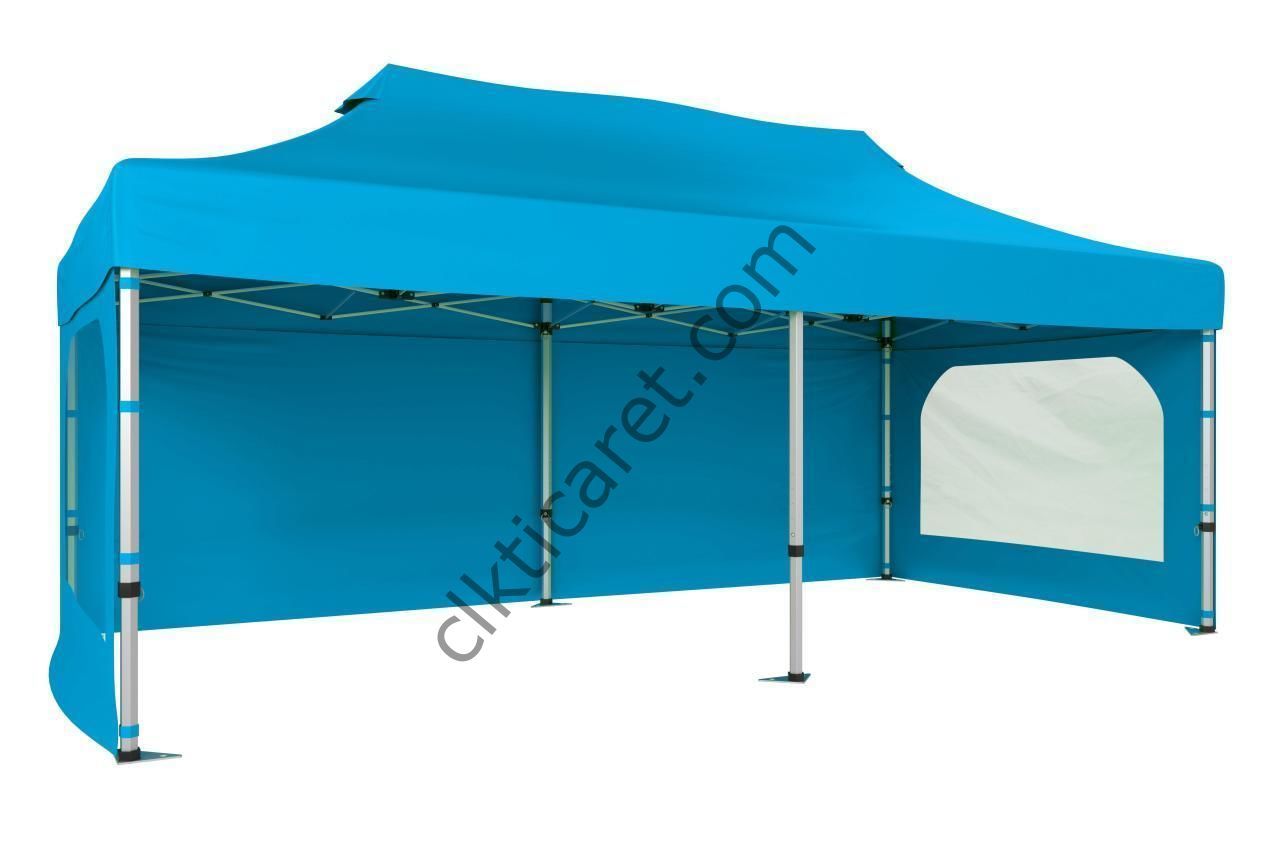 CLK 3x6 40 mm Katlanabilir Tente Gazebo Çadır Gazebo Çadır 3 Yan Duvarlı 2 Pencereli Açık Mavi (Turkuaz)