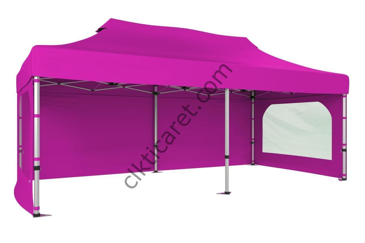 CLK 3x6 40 mm Katlanabilir Tente Gazebo Çadır Gazebo Çadır 3 Yan Duvarlı 2 Pencereli Pembe