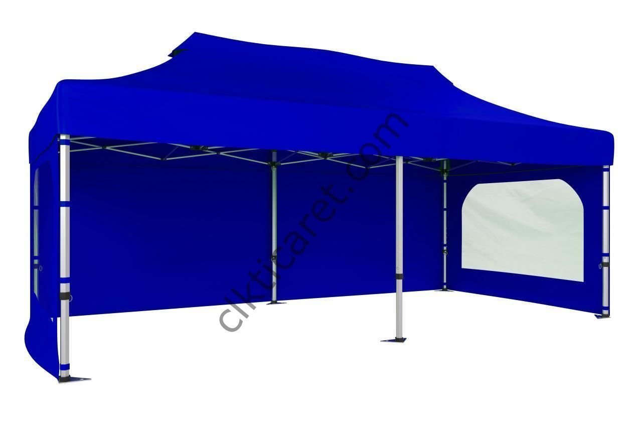CLK 3x6 40 mm Katlanabilir Tente Gazebo Çadır Gazebo Çadır 3 Yan Duvarlı 2 Pencereli Saks Mavi