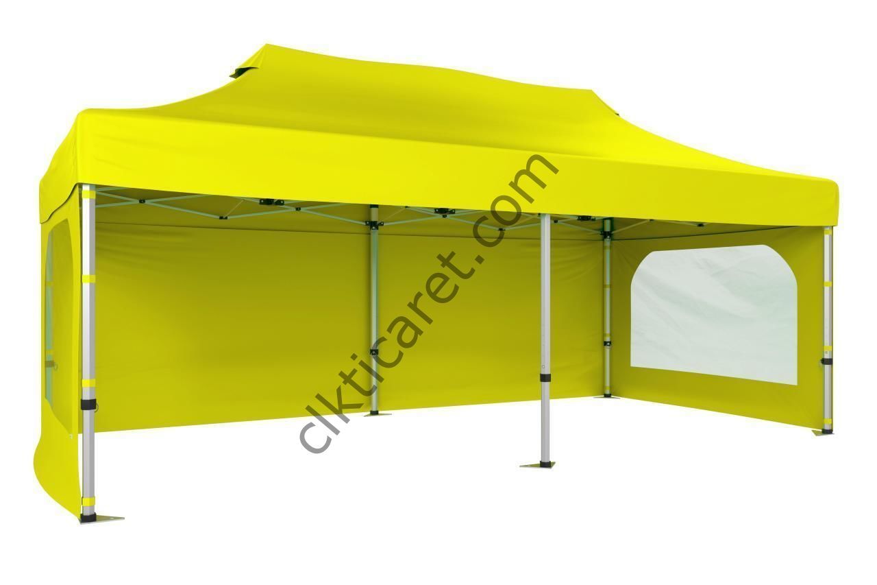 CLK 3x6 40 mm Katlanabilir Tente Gazebo Çadır Gazebo Çadır 3 Yan Duvarlı 2 Pencereli Sarı