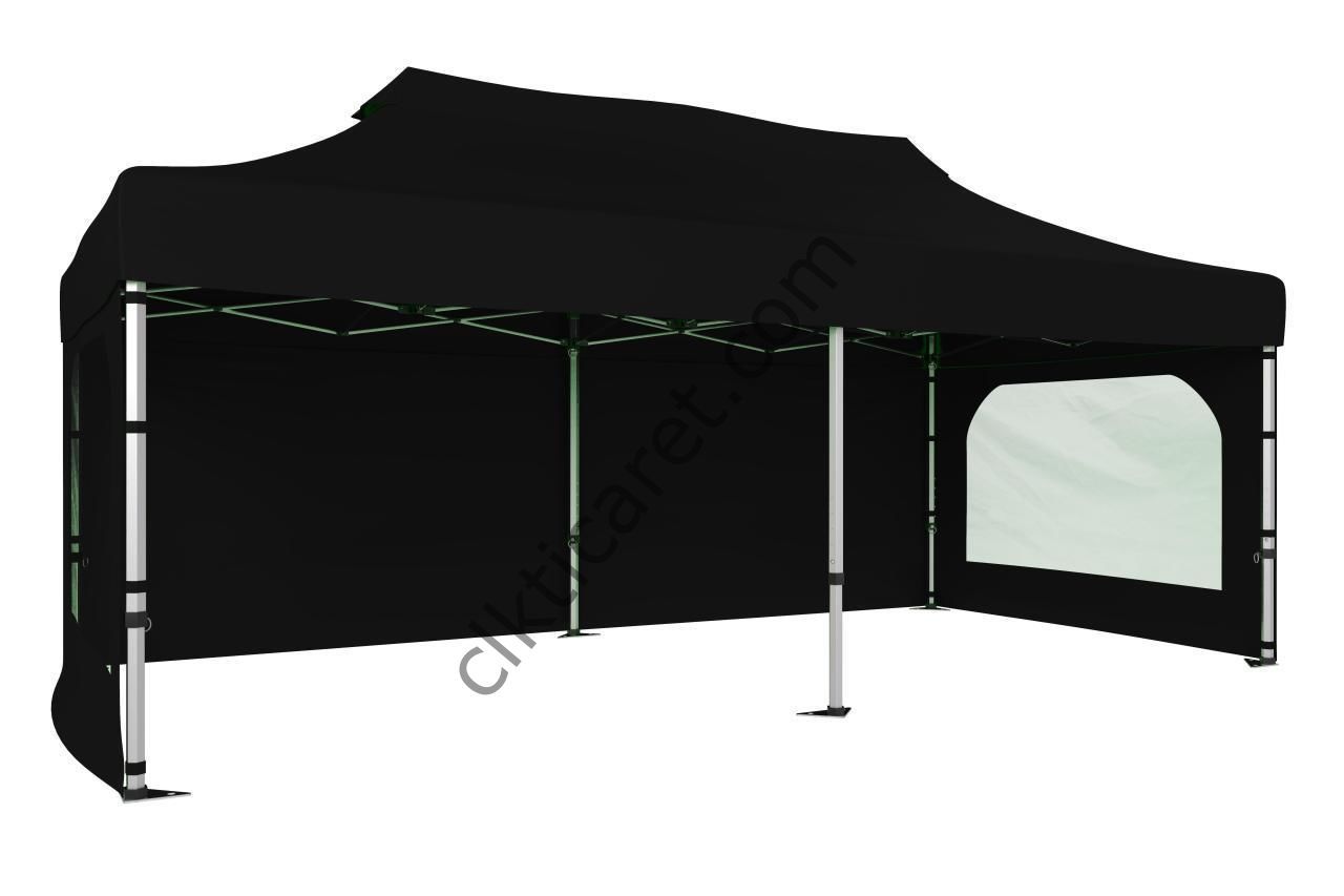 CLK 3x6 40 mm Katlanabilir Tente Gazebo Çadır Gazebo Çadır 3 Yan Duvarlı 2 Pencereli Siyah