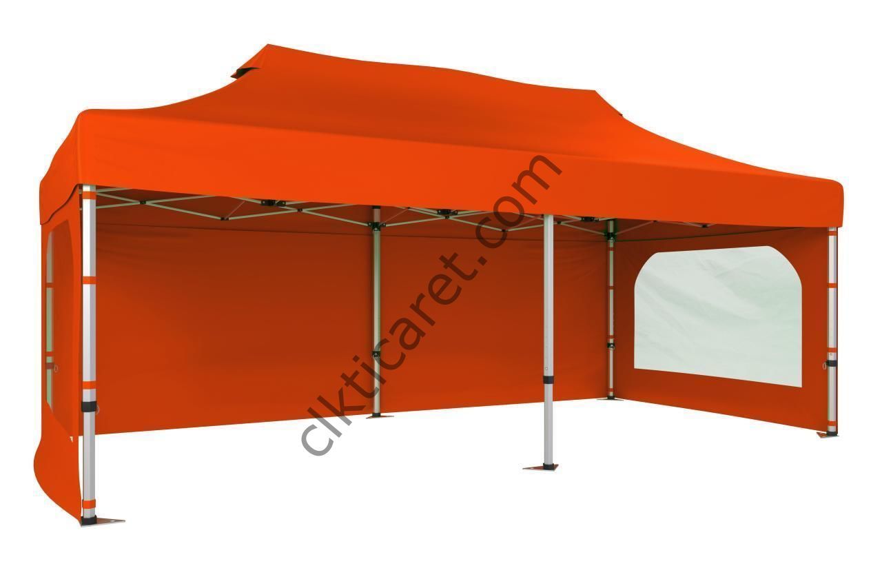 CLK 3x6 40 mm Katlanabilir Tente Gazebo Çadır Gazebo Çadır 3 Yan Duvarlı 2 Pencereli Turuncu
